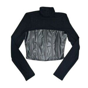 Windsor Crop Top Black Sheer Mesh Faux Leather Corset Design Turtleneck Size S